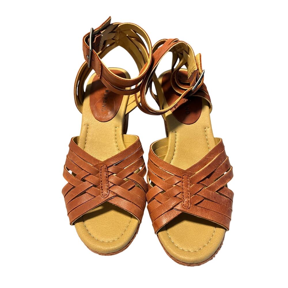 Lucky Brand Women’s 7M Cognac Leather Strappy Block Heel Sandals Boho Brown